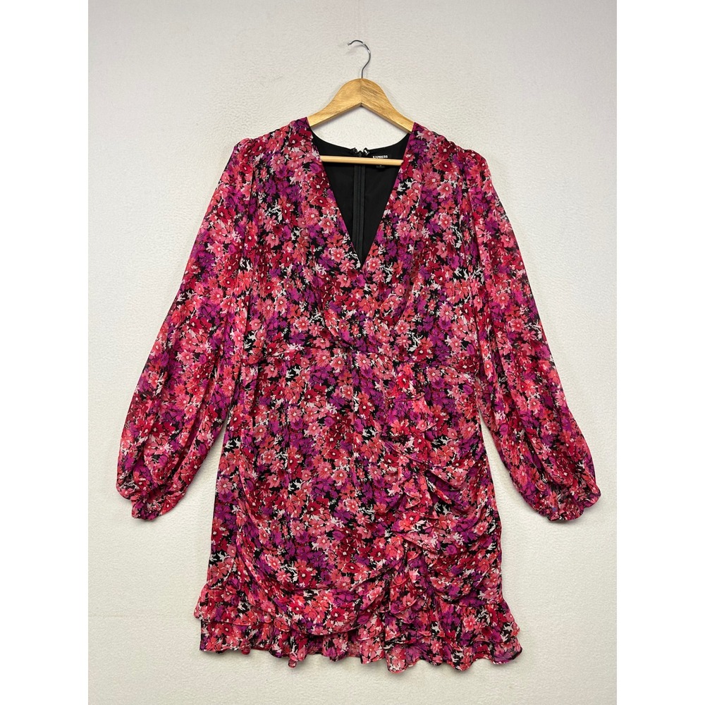 Floral Romantic Express Womens XL Pink Purple Ruched Ruffle Mini Dress